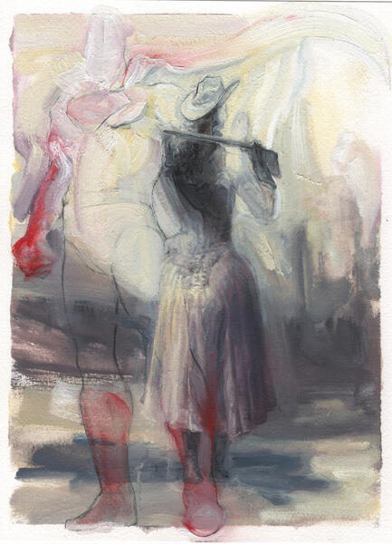 A woman in shades of white points her long gun with her back turned towards a ghostly figure with a cape