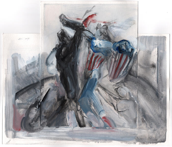 The superheroes Captain America and Black Panther battle in the center of the picture in a gray environment 