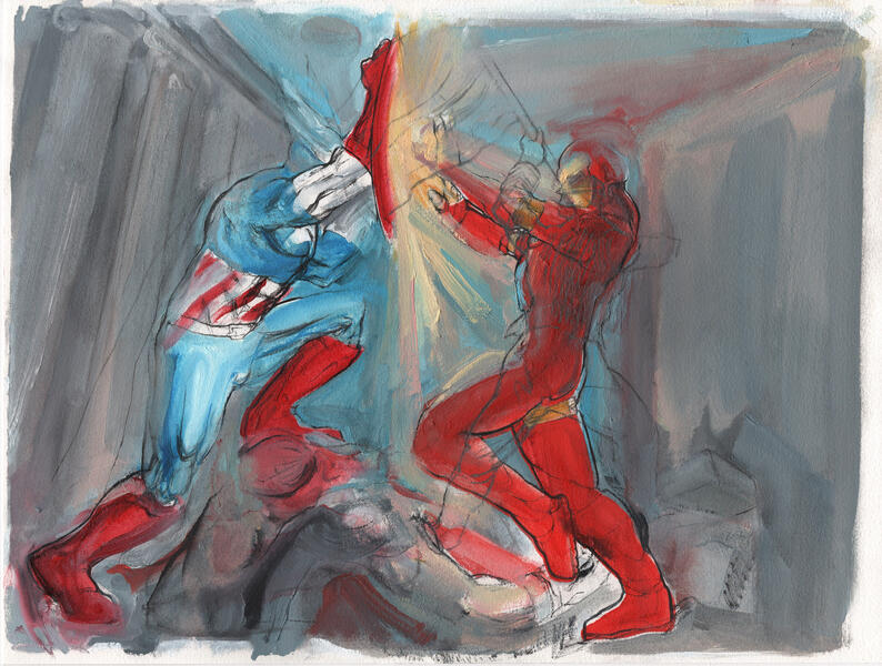 The superheroes Captain America and Iron Man battle with visual allusions to comic book illustration and painterly mark-making, with a Civil War union soldier line drawing printed within the image 