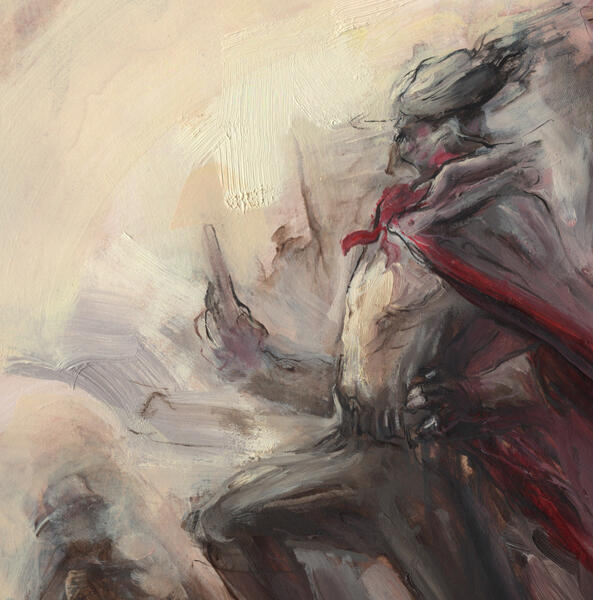 A detail view of the painting showing a figure with Gen. George Custer’s signature mustache but also the superhero Thor’s helmet and cape
