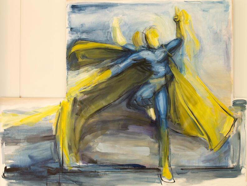 A superhero figure of blue and yellow blends with an abstract landscape 
