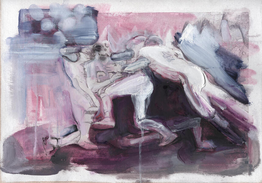A photo transferred on canvas several football players tackling another player is overlaid with drawing and impasto paint