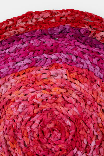 crocheted red, pink, and violet hand-dyed fabric