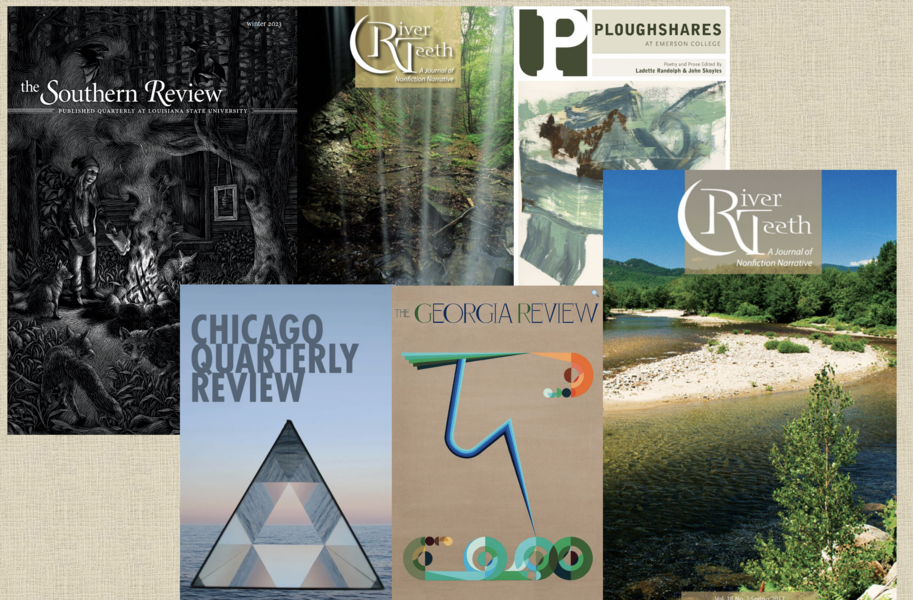 The image shows six literary journal covers, some overlaid atop others. The titles are The Southern Review, River Teeth (twice), Ploughshares, Chicago Quarterly Review, and The Georgia Review