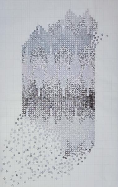 unattended - 2023 - cut from salvaged security envelopes, graphite, fade out gridded vellum - 24” x 15”