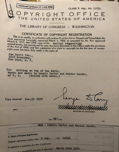 An image of a government copyright document showing Walter Vinson and Lonnie Chatmon as authors of the song, "Sitting on Top of the World"