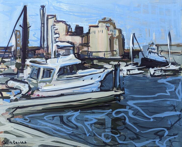 Port Covington Marina Casein on wood panel, 8 x 10 Collin Cessna, 2023