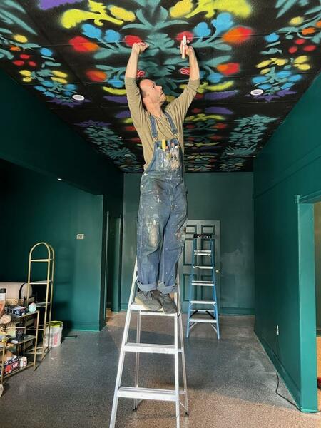 Floral Pattern on the ceiling of Manna Life in Harford County Acrylic and enamel on ceiling tiles, Collin Cessna, 2023