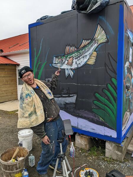 Rockfish/Aquatic Life Mural Acrylic on metal, Collin Cessna, 2022.