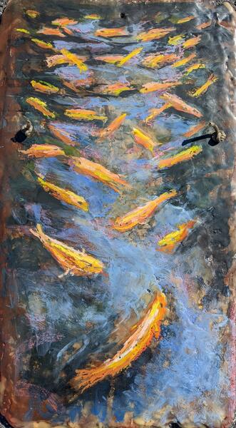 Koi Pond Encaustic on slate, 11 x 20 Collin Cessna, 2022