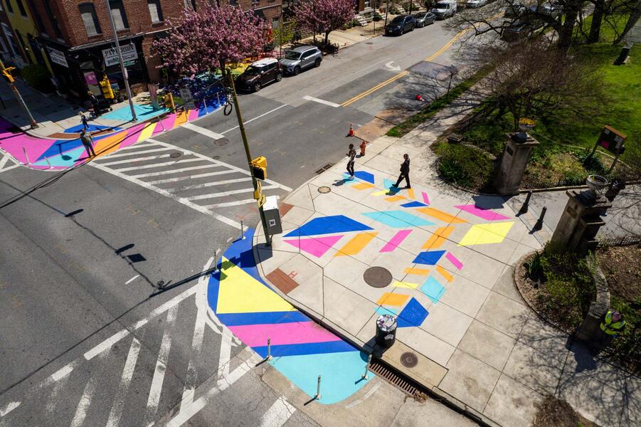 Patterson Plumage, birds-eye view of traffic calming pavement art