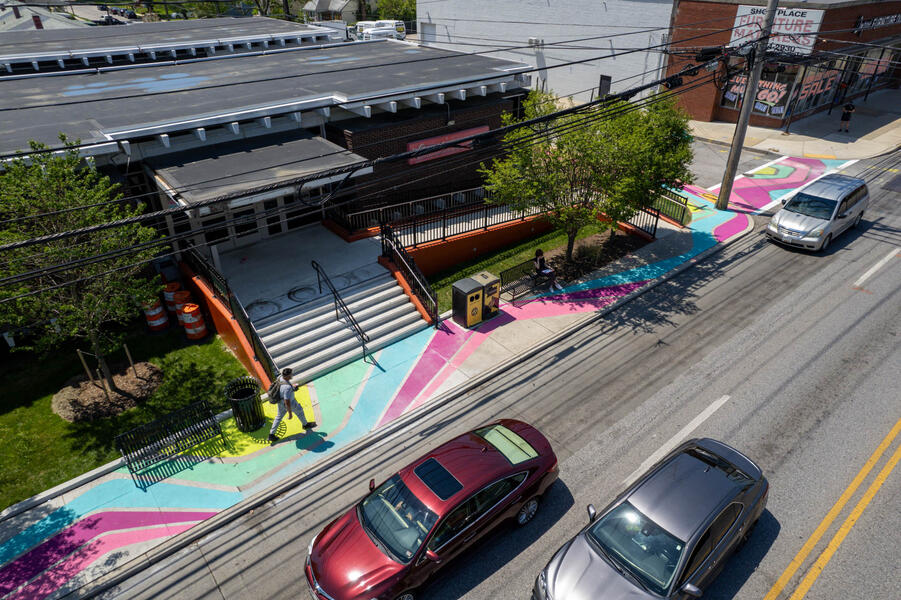 Glen Flows, birds-eye view of sidewalk pavement art