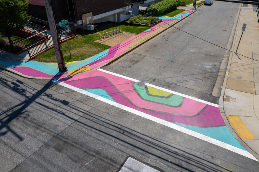 Glen Flows, birds-eye view of crosswalk art