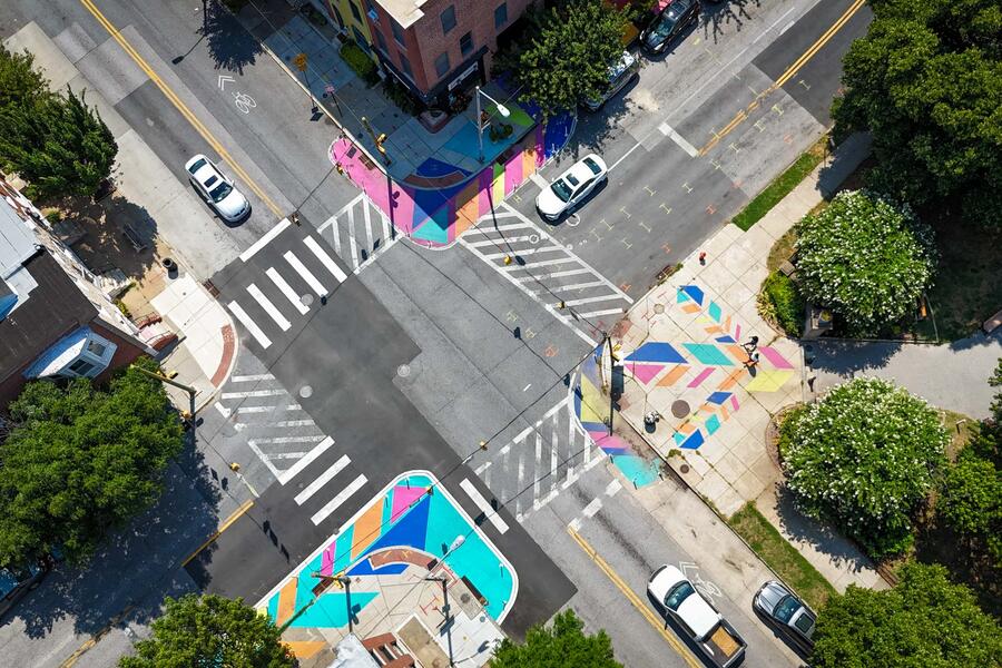 Patterson Plumage, aerial view of traffic calming pavement art