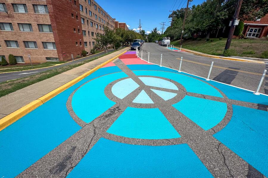 Rays of Peace, perspective view of pavement art peace sign