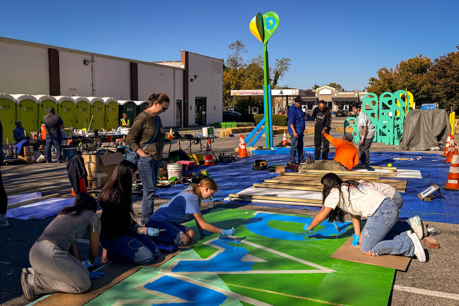 Damascus Placemaking Festival, community build day, local youth painting mural board