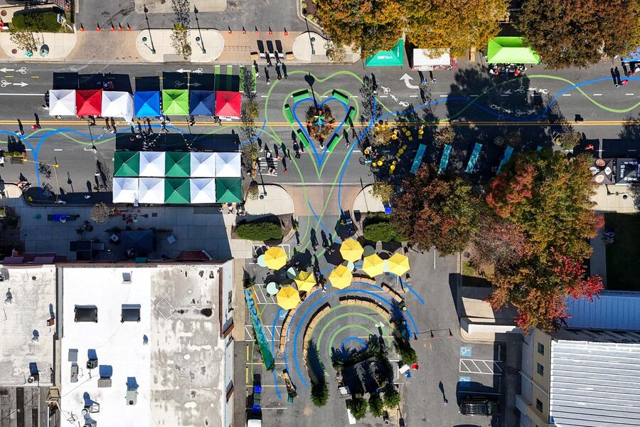 Damascus Placemaking Festival, aerial view of wayfinding pavement art, Heat of Damascus and Amphitheater