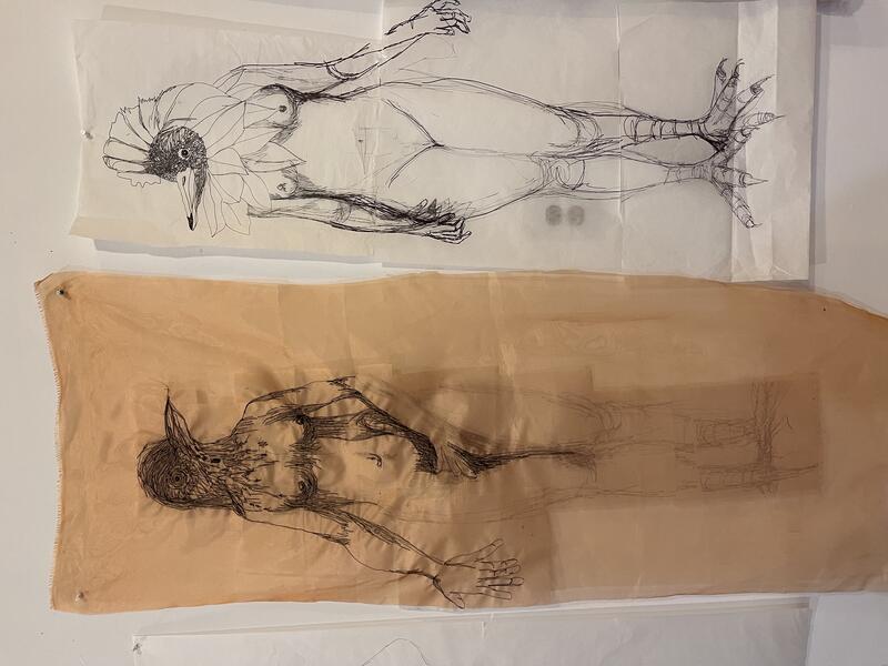 Preliminary Drawings on paper and Stitched on Organza