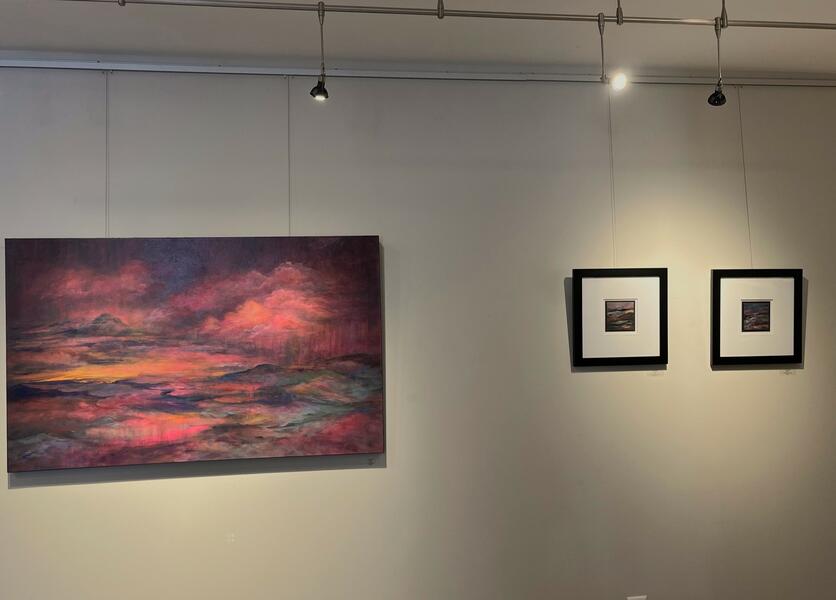 Gallery Installation Site Shot: Large painting - Beacon, Two small works: Lush Light, Lavish Glow