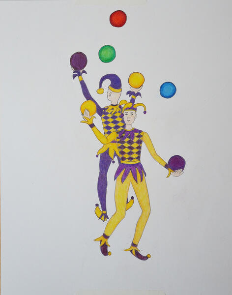 Juggling Jesters in Complementary Colored Outfits