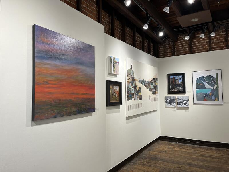 Circle Gallery Site Shot: American Landscapes 2022 -Wetlands Twilight (Painting on left in pic), Oil on canvas, 36 x 36, 2020. 