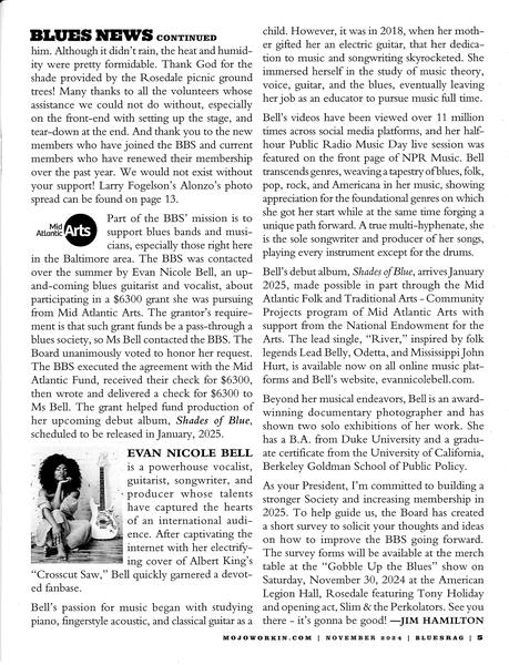 Evan Nicole Bell feature in Baltimore Blues Society Newsletter