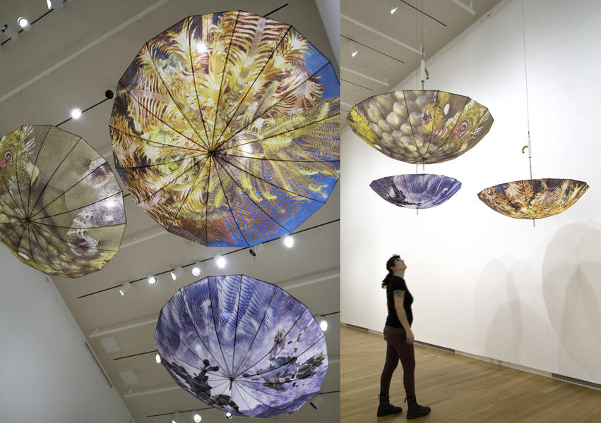 Installation view of Three Umbrellas from Unsung Heroes 