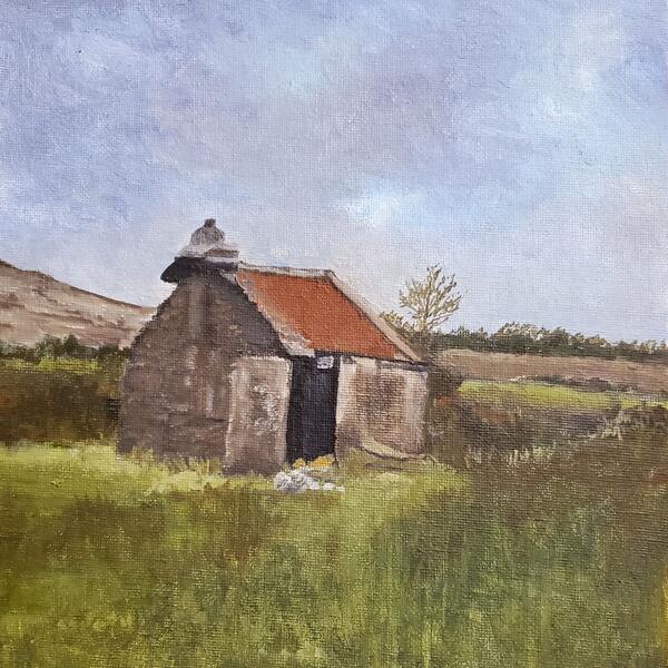 Farming in Donegal, abandoned weathered barn surrounded by grass and fallowed fields.  