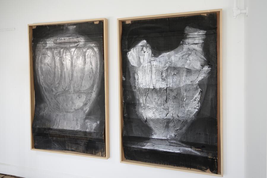 In Memory (l), Mnemosyne (r), each created with charcoal, ink, graphite powder on corrugated cardboard, ca. 64x40”, 2021