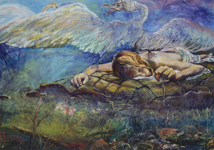 Leda and the Angry Swan, 72 x 102 x 3, oil on canvas, 2003