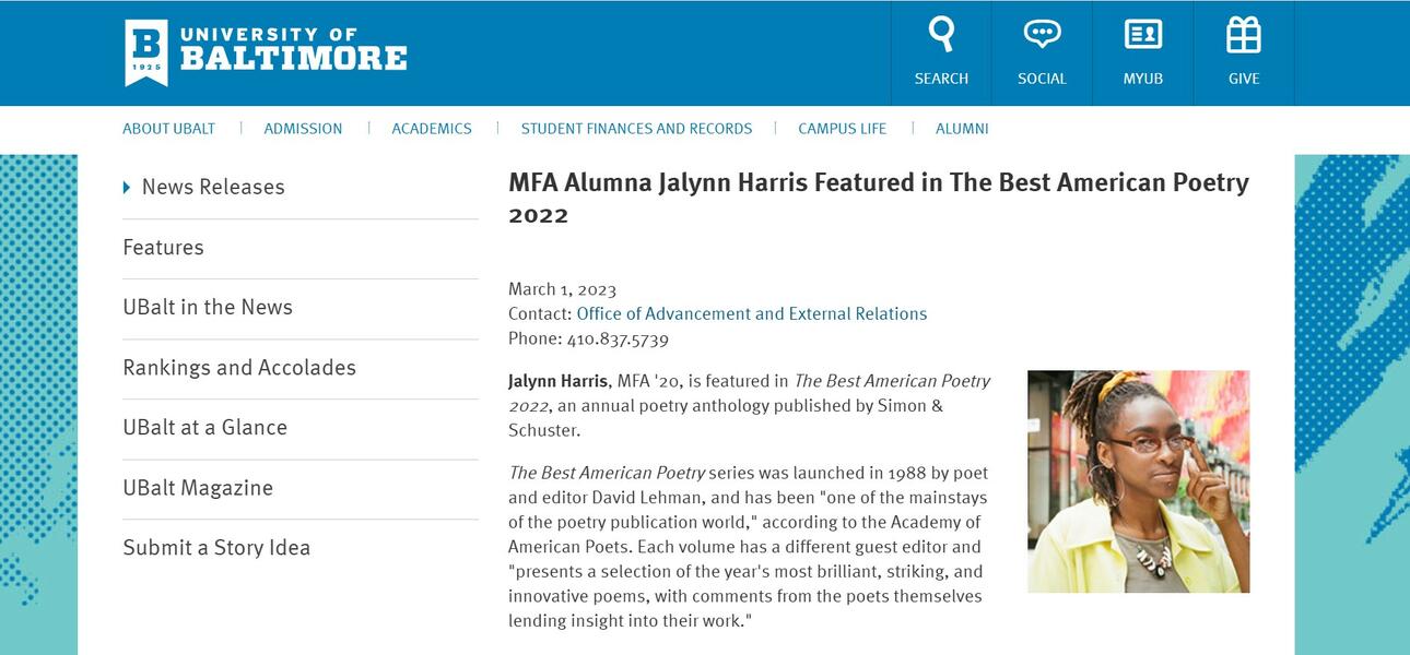 MFA Alumna Jalynn Harris Featured in The Best American Poetry 2022