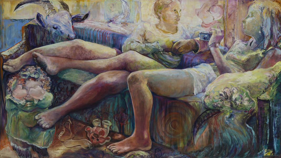 Nibbling, No Face Doll/Narcissus series, 48x86 oil on canvas