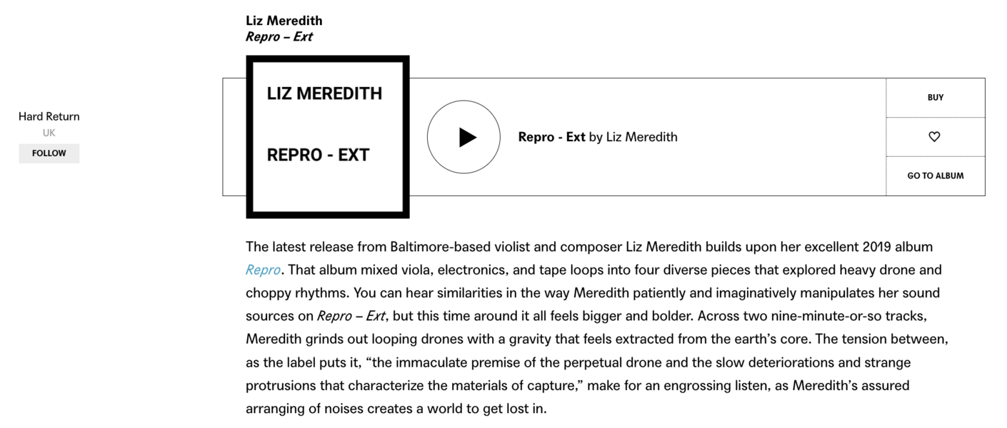 Best Experimental Music on Bandcamp: August 2024 Liz Meredith - Repro, Ext (Hard Return, 2024) 