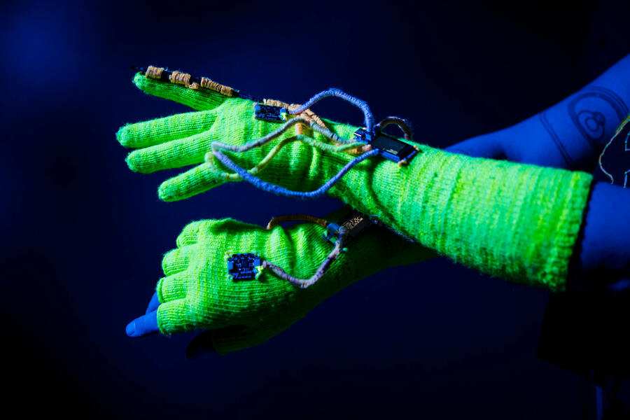 Close-up of two glove controllers