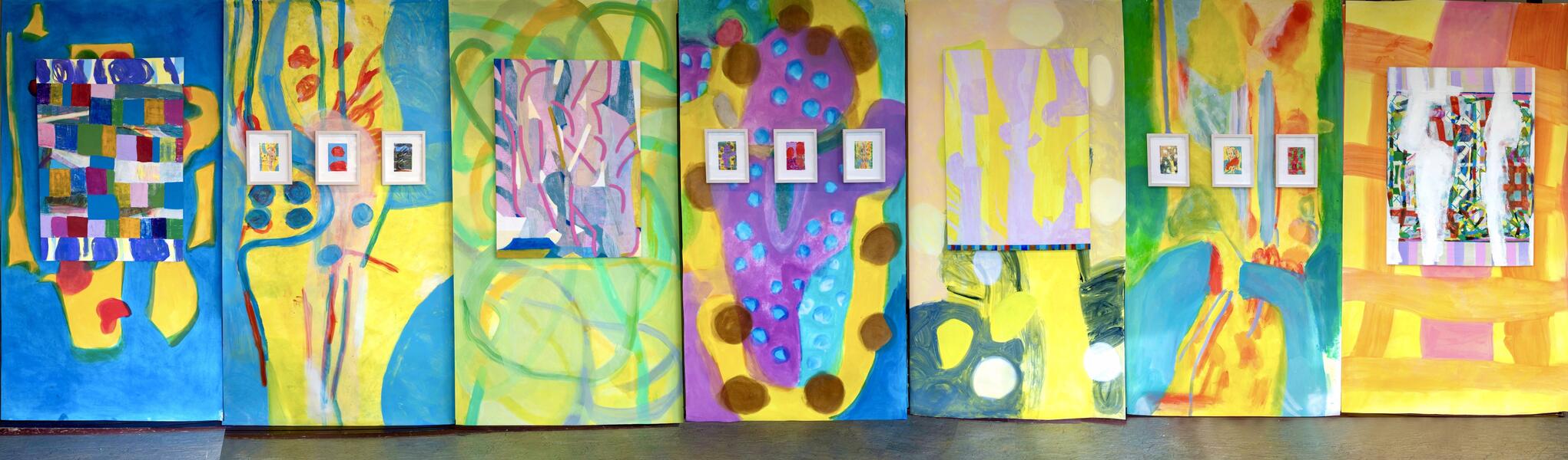 Installation View (7.5 x 28 feet), Hiccups, Park View Gallery, Glen Echo Park, MD, March 2025, photo: Phil Laubner