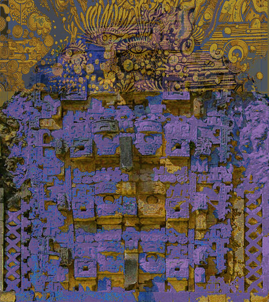 Aztec Architecture, oil and manipulated photographic prints on canvas, 26x20
