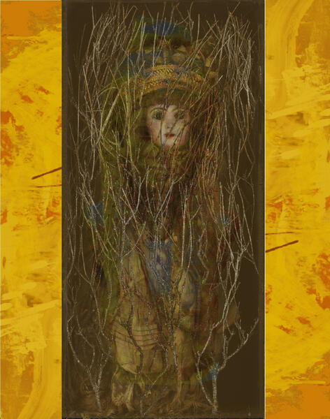 Doll, oil and manipulated photographic prints on canvas, 26x18