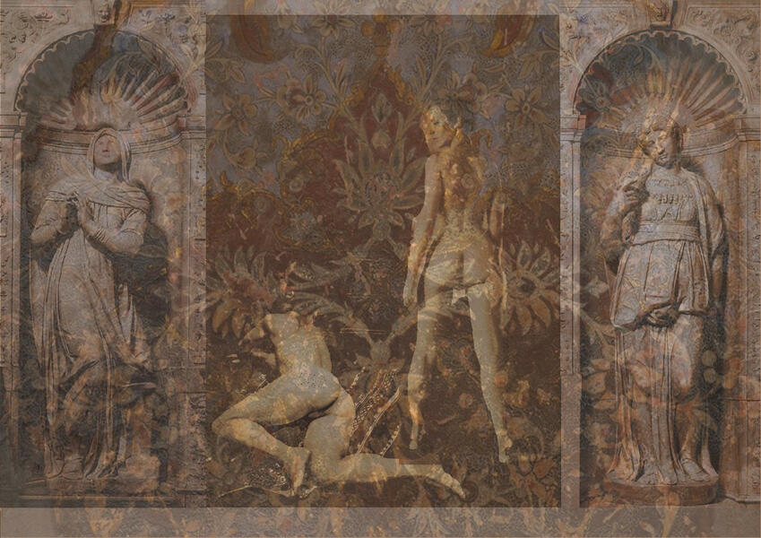 Rachel and Leah, oil and manipulated photographic prints on canvas, 16x26