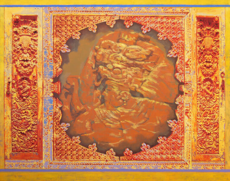 Aztec Circle, oil and manipulated photographic prints on canvas, 38x48