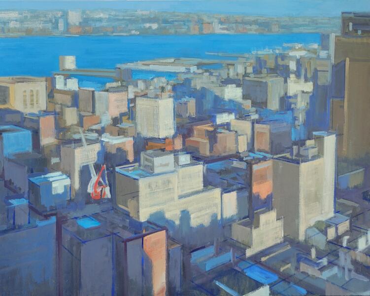 Lower Manhattan from the Jacob K. Javits Building, oil on canvas, 20x26