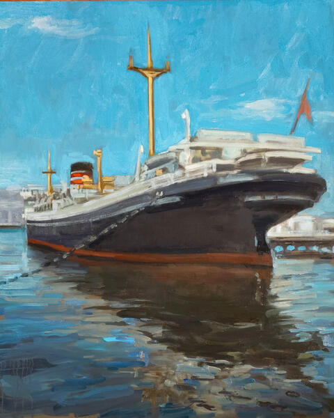 Ship Docked in Yokohama Harbor, oil on canvas, 30x24