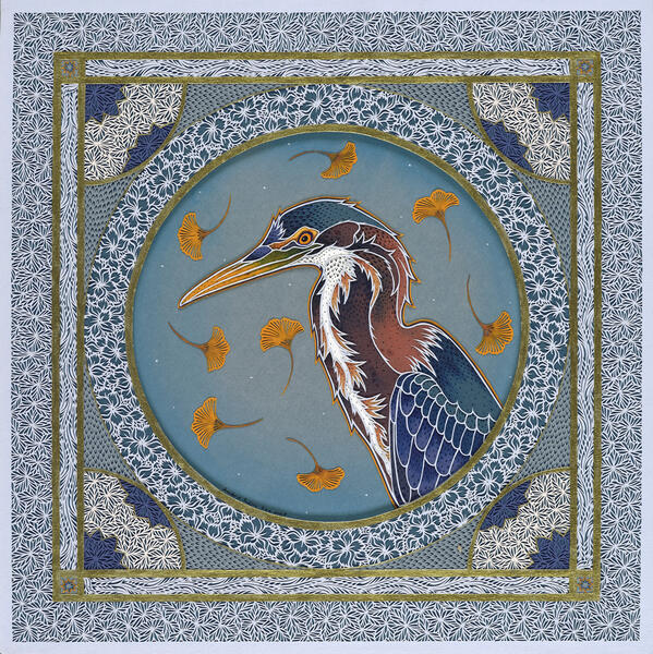 Green Heron With Ginkgo Leaves
