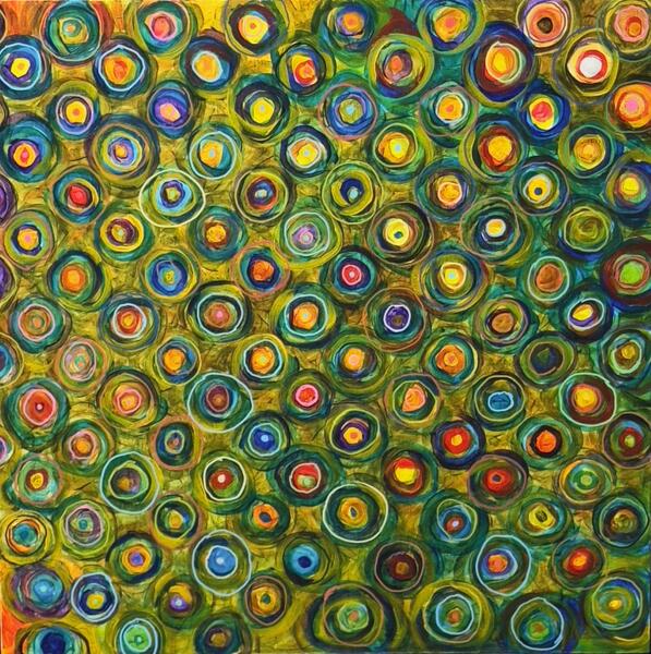 Bulls-eye, 2025, acrylic on closed Birch panel, Walnut float frame.