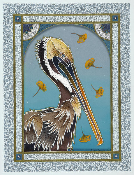 Brown Pelican with Ginkgo Leaves