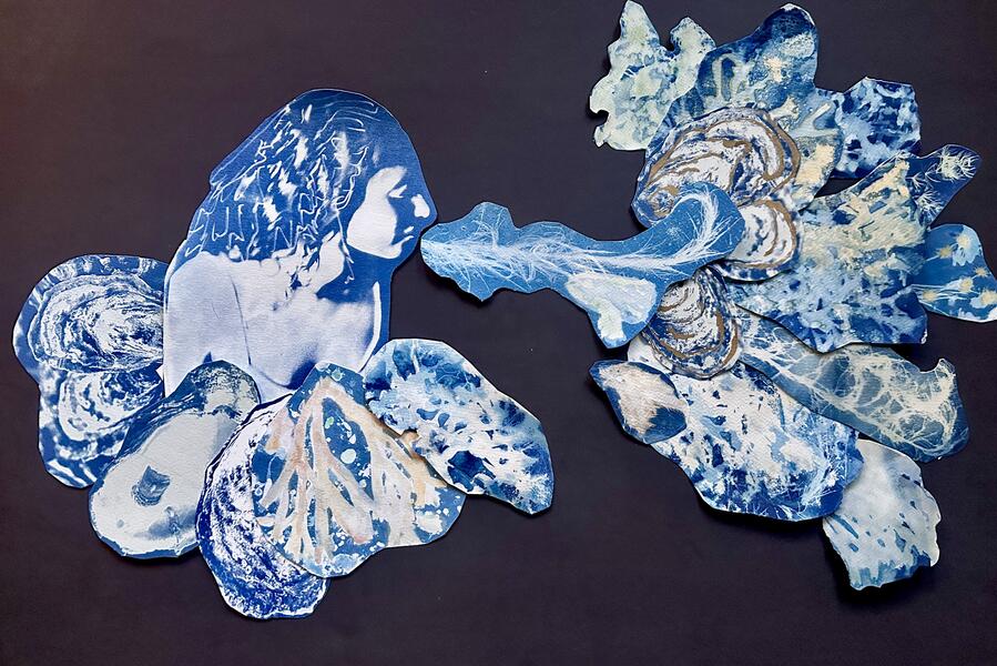“Salt Witch,’ Mixed Media cyanotype, Van Dyke Brown, water color, ink and gold leaf collage. Appx. 20” x 30” 2025