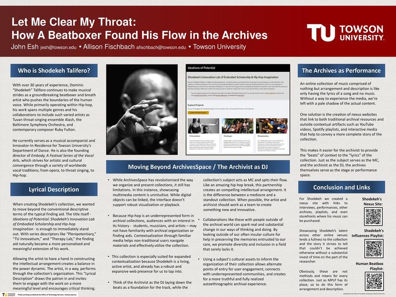 Let Me Clear My Throat: How A Beatboxer Found His Flow In The Archives by John Esh & Allison Fischbach for the Mid-Atlantic Regional Archives Conference, 2021.