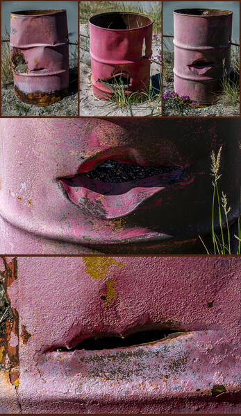 Fuel Oil Barrels Recycled as Guardrails (Montage: 2025; Photos: 2022)