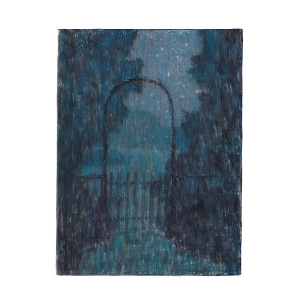 the woven cedar archway that leads to the garden