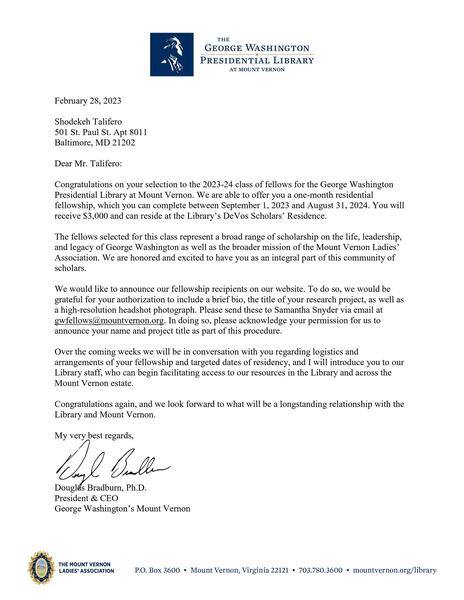 Legal Avant Garde Exhibit A: Dominic Shodekeh Talifero, 2023 - 2024 Research Fellow @ The Presidential Library of George Washington's Mount Vernon.