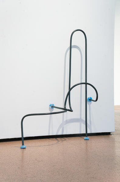 Speculative Grab Bars #2: Double Bend, 2023. PVC pipe, silicon, pigment, hardware, 52” x 42” x 30”